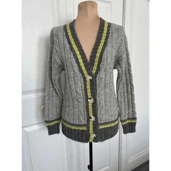 Line + Dot Womens Button Front Striped Trim Cardigan Sweater Gray Green Sz XS - Picture 1 of 10